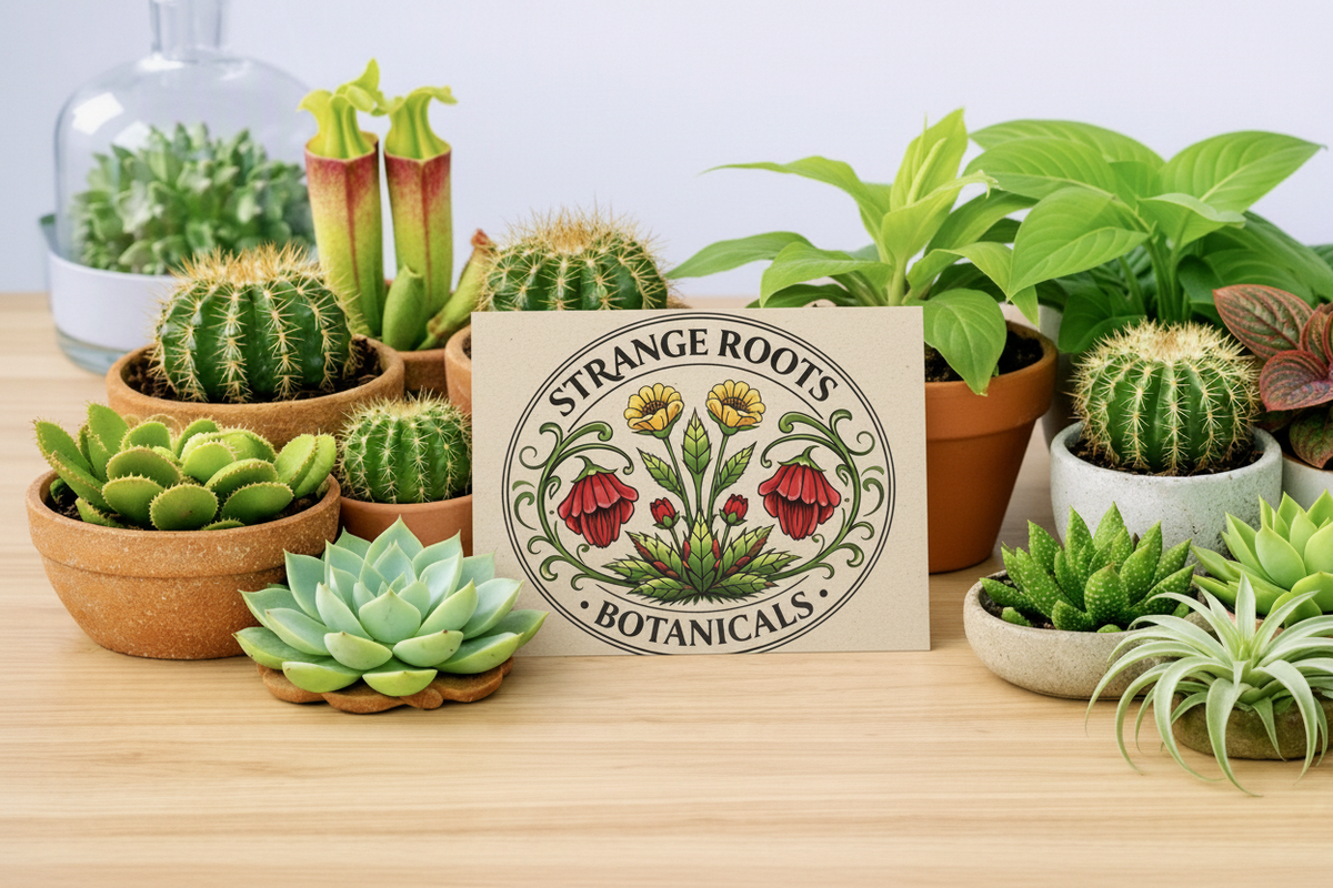 Strange Roots Botanicals gift card featuring rare plants on a warm wood surface